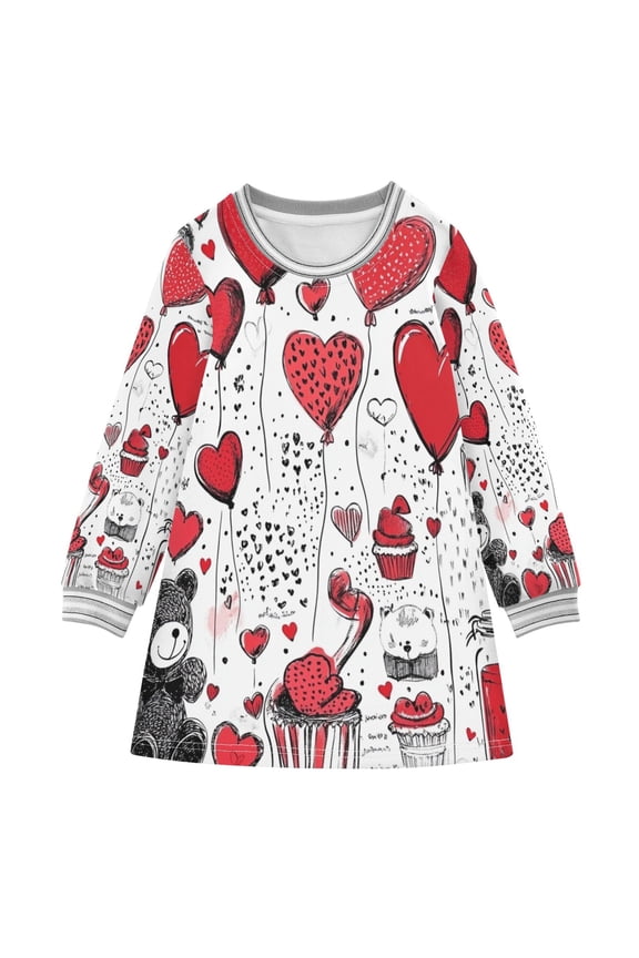 Love Style Pattern Girls'long-sleeved dress Thickened A-dress Warm Dress Basic Shirt Party Dresses