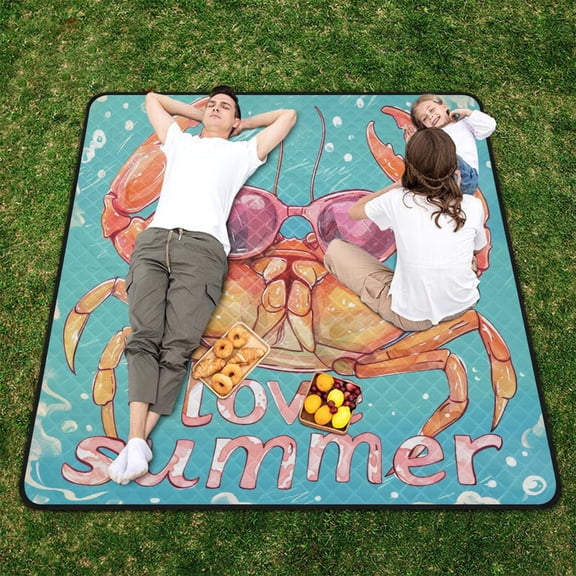 Love Summer Crab Beach Blanket Outdoor Picnic Blanket 78"x 78" Waterproof Foldable for Beach Camping Travel Hiking Grass Lawn Park