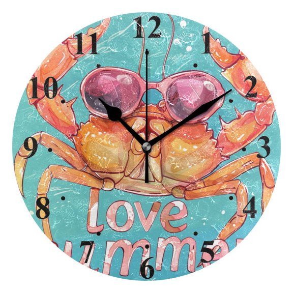 Love Summer Crab Black 10 inch Wall Clocks Non Ticking Easy to Read Battery Decorative for Home Bathroom Kitchen Bedroom Living Room