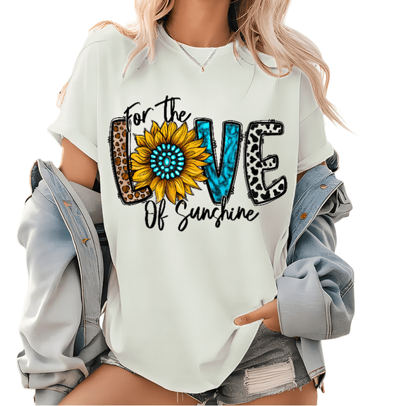 For The Love of Sunshine Leopard Print T Shirt Love Sunflower Graphic Tees Short Sleeve Cotton Classic Tops trendy and popular round-neck design is retro White,4XL