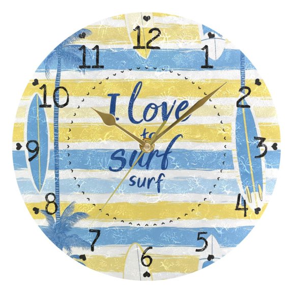 Love Surfing Surfboard Palm Trees Round Wall Clock Silent Analog Battery Operated Gold Pointer Home Decor 9.84" Diameter