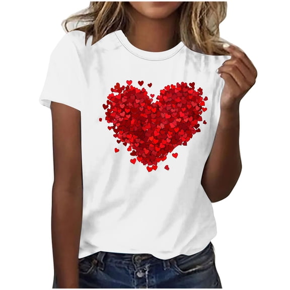 Love T Shirts for Women Casual Valentine's Day Girl Friend Gift Blouses Cute Love Heart Graphic Printed Tees Loose Short Sleeve Round Neck Shirt Top