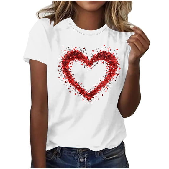 Love T Shirts for Women Casual Valentine's Day Girl Friend Gift Blouses Cute Love Heart Graphic Printed Tees Short Sleeve Round Neck Shirt Top