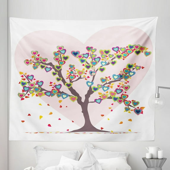 Love Tapestry, Tree with Leaves and Hearts Love Adore Celebrating Anniversary Art Print, Fabric Wall Hanging Decor for Bedroom Living Room Dorm, 5 Sizes, Multicolor, by Ambesonne