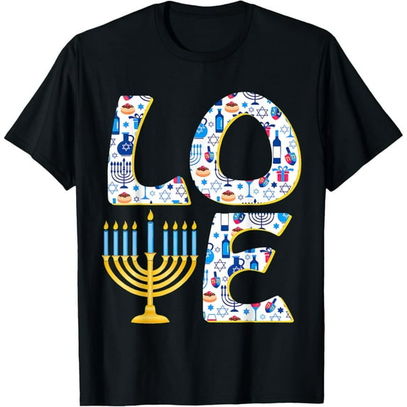 Love Tee, Cute Hanukkah Decoration Menorah Pajama Matching T-ShirtMen and women, Black T-shirt, size: Extra large