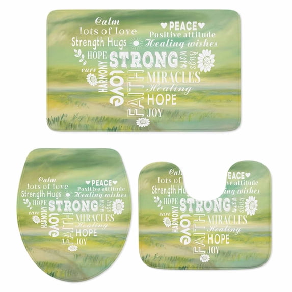 Love Text Bathroom Rugs Set Vintage Warm Embraces Positive Energy Love Green Yellow Non Slip Absorbent Soft Bath Mats 3 Piece Set with Bathroom Rug, U-Shaped Floor Mat, Toilet Seat Cover Large Size