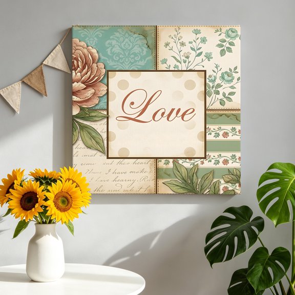 Love Text Canvas Wall Art for Living Room, Vintage Rustic Pink Rose Green Leaf Vine Script Letter Poster Print Painting for Nightstand Bathroom Collage Decoration Wall Pictures Prepare To Hang 8"x8"