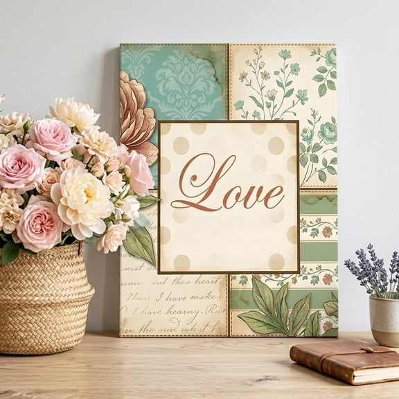 Love Text Canvas Wall Art, Vintage Rustic Pink Rose Green Leaf Vine Script Letter Pictures Wall Decor Wooden Framed Artwork Art Prints for Living Room Hallway Bedroom Office 8"x10"