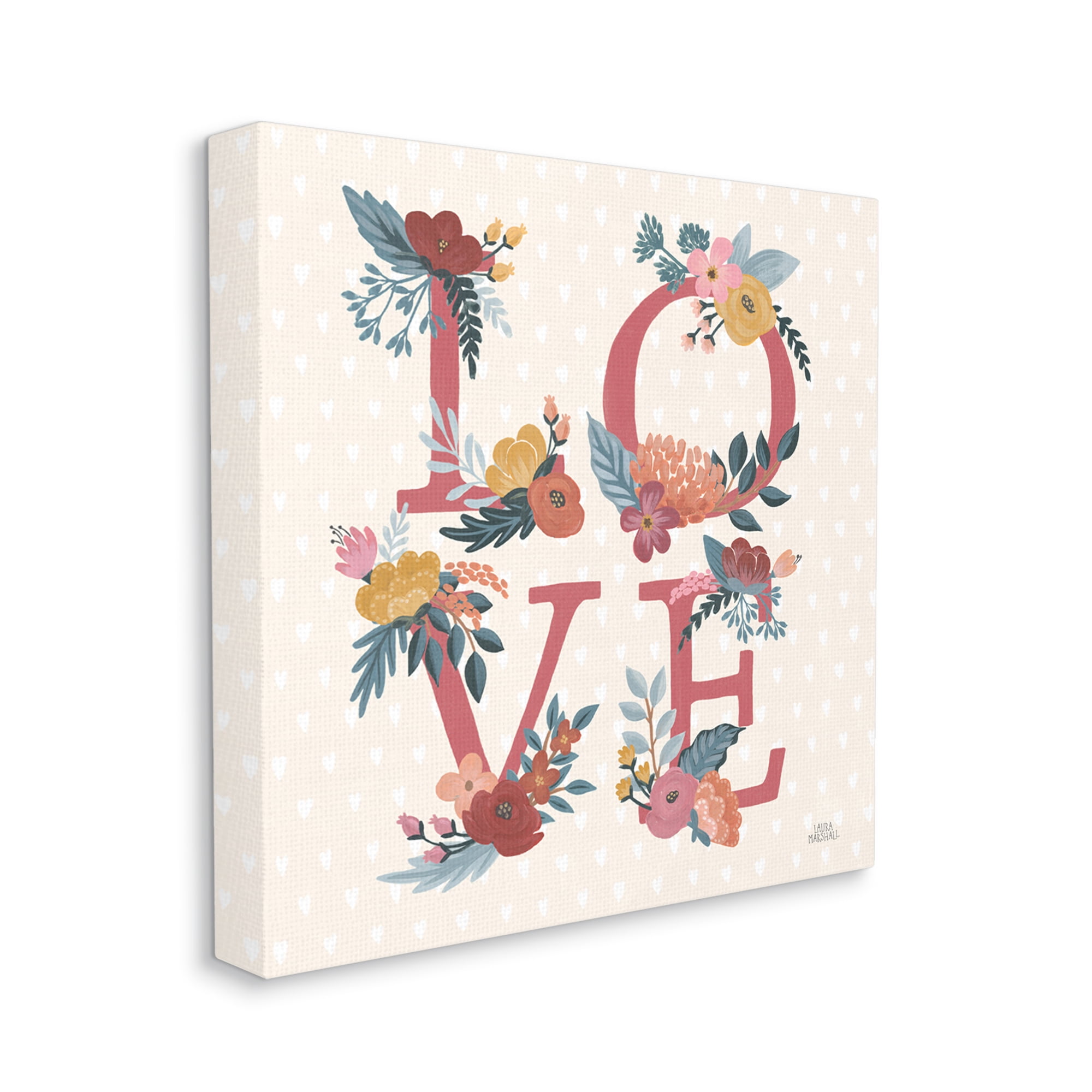 Love Text Floral Typography Heart Pattern Botanical & Floral Gallery-Wrapped Canvas Print Wall Art, 17x17