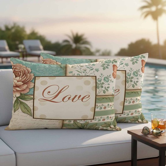 Love Text Outdoor Waterproof Throw Pillow Covers Set of 2, 20"x12", Vintage Rustic Pink Rose Green Leaf Vine Script Letter Decorative Pillow Covers Outside Cushion Case for Patio Porch Garden