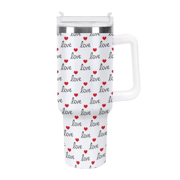 Love Text Print 40 Oz Tumbler with Handle and Straw Lid, Stainless Steel Insulated Travel Coffee Mug, Vacuum Insulated Water Bottle for Home, Office, Car, Keep Hot/Cold for Hours