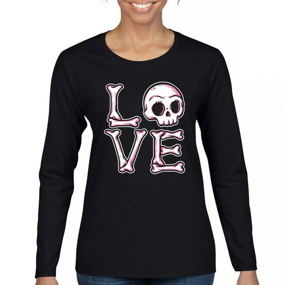 Love Text Skull Women's Long Sleeve T-shirt Vivid Pink Bone Cute Gothic Skeleton Romance Art Valentine Spooky Halloween