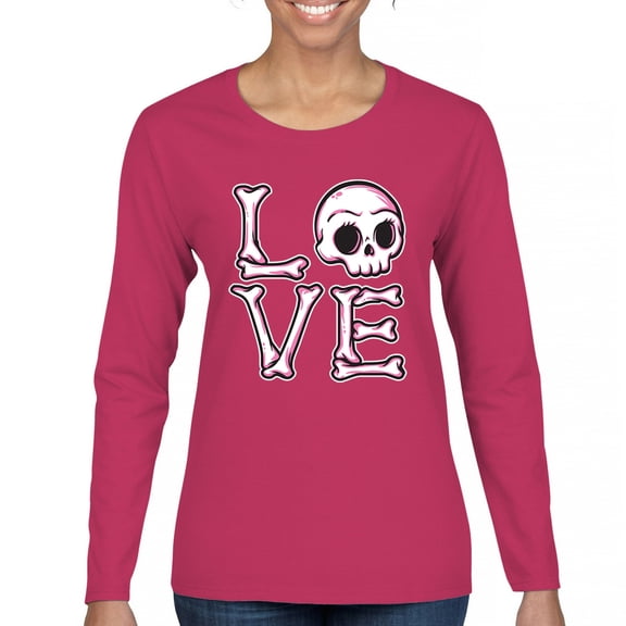 Love Text Skull Women's Long Sleeve T-shirt Vivid Pink Bone Cute Gothic Skeleton Romance Art Valentine Spooky Halloween