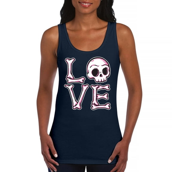Love Text Skull Women's Tank Top Vivid Pink Bone Cute Gothic Skeleton Romance Art Valentine Spooky Halloween