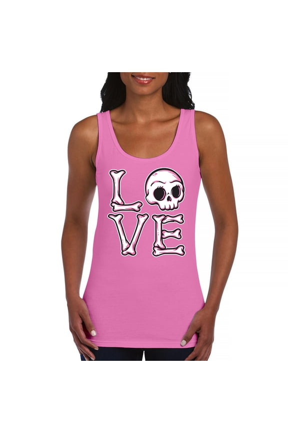 Love Text Skull Women's Tank Top Vivid Pink Bone Cute Gothic Skeleton Romance Art Valentine Spooky Halloween