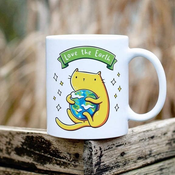 Love The Earth Cat Mug, Environment Coffee Cup, Nature Mug, Cat Owner Gift, Save The Earth, Ceramic Mug 11oz