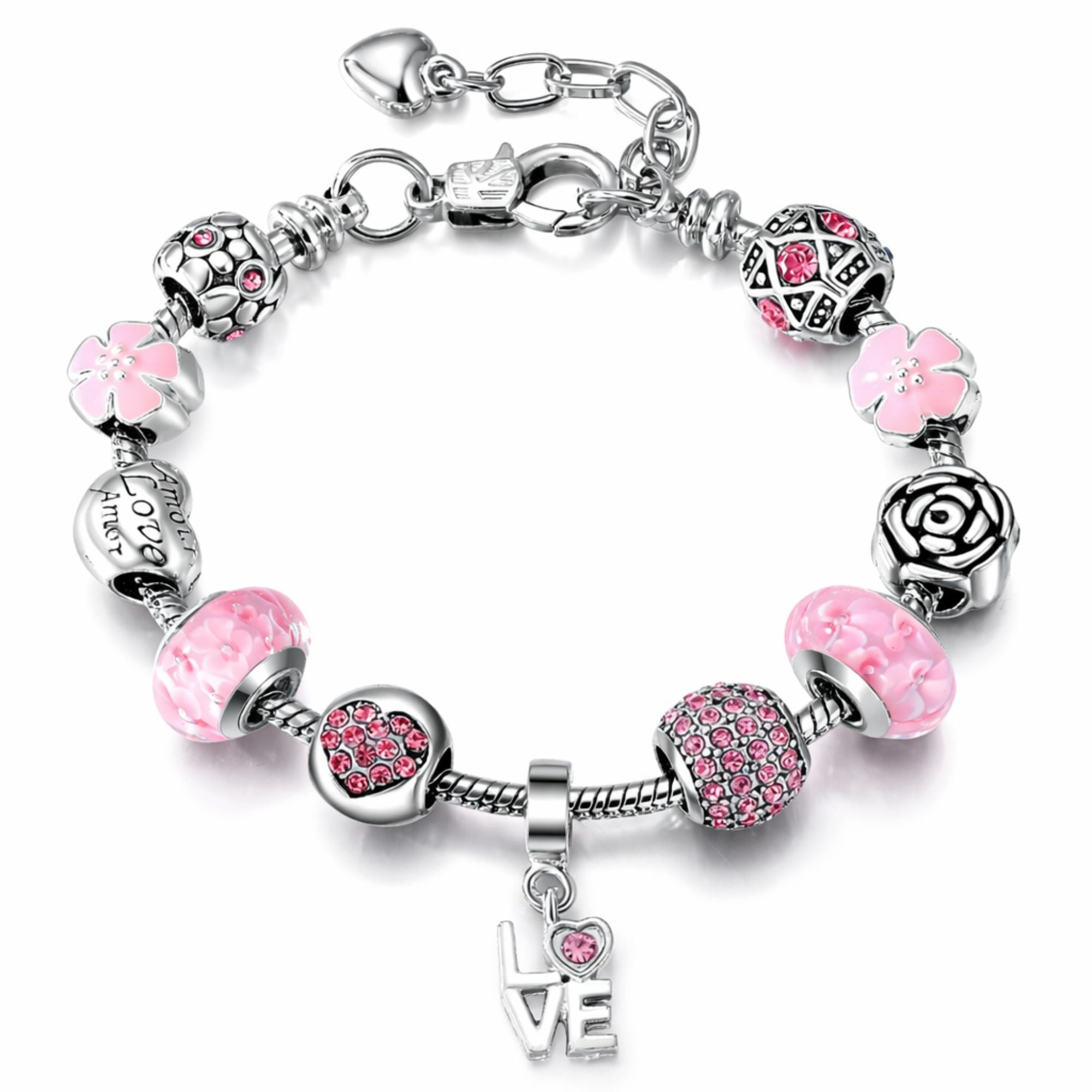 Love Theme Charm Bracelet for Women by Ginger Lyne 9" Alloy Pink Italian Style Beads Valentines Gifts