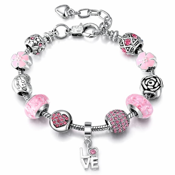 Love Theme Charm Bracelet for Women by Ginger Lyne 9" Alloy Pink Italian Style Beads Valentines Gifts