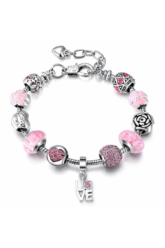 Love Theme Charm Bracelet for Women by Ginger Lyne 9" Alloy Pink Italian Style Beads Valentines Gifts