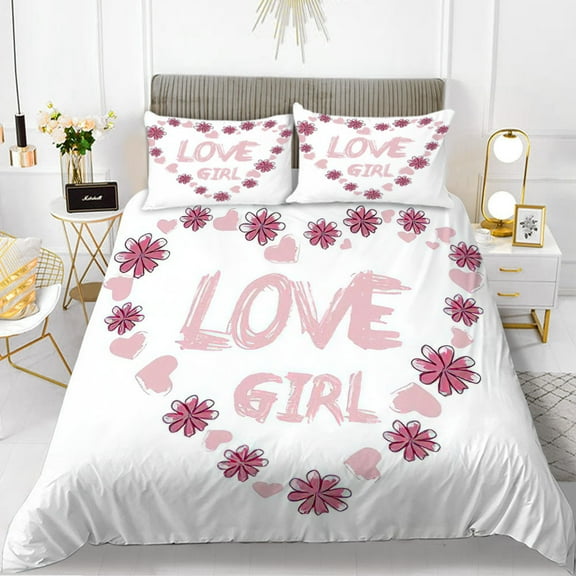 Love Theme Duvet Cover Set King Size Heart Shape Romantic Letters Pink Flower for Kids Couples Polyester Bedding Set