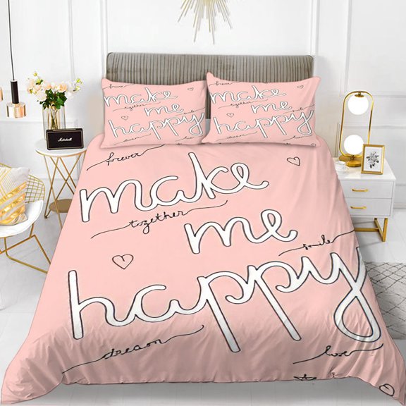 Love Theme Duvet Cover Set King Size Heart Shape Romantic Letters Pink Flower for Kids Couples Polyester Bedding Set