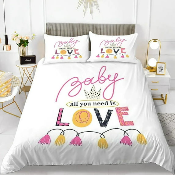 Love Theme Duvet Cover Set King Size Heart Shape tic Letters Pink Flower for Kids Couples Polyester Bedding Set