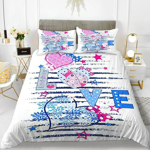 Love Theme Duvet Cover Set King Size Heart Shape tic Letters Pink Flower for Kids Couples Polyester Bedding Set