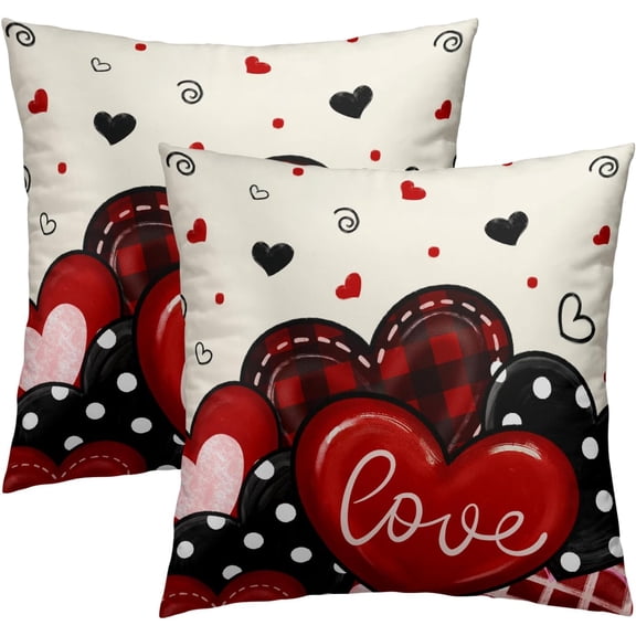 Love Throw Pillow Covers Set of 2, 16x16 Inch Red Black and Buffalo Check Hearts Romantic Accent Pillowcases for Sofa Couch Chair Bed Porch Farmhouse Style Decor