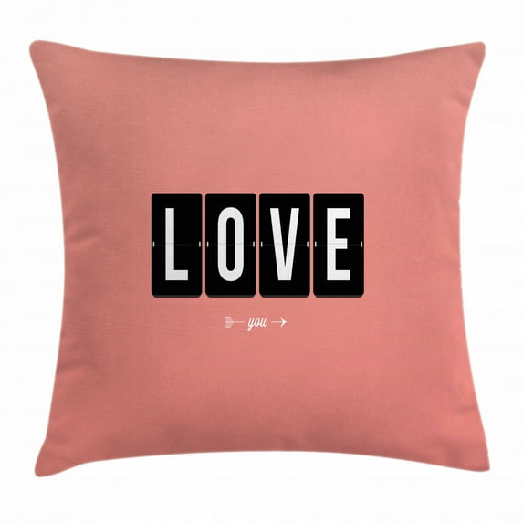 Love Throw Pillow Cushion Cover, It's Love O'clock Mechanical Clock Text with Arrow Motif Vintage Illustration, Decorative Square Accent Pillow Case, 16 X 16 Inches, Coral Black White, by Ambesonne