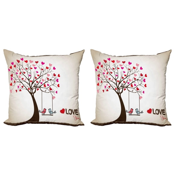 Ambesonne Love Throw Pillow Cover 2 Pack, Heart Tree Birds on Swing, 18", Multicolor