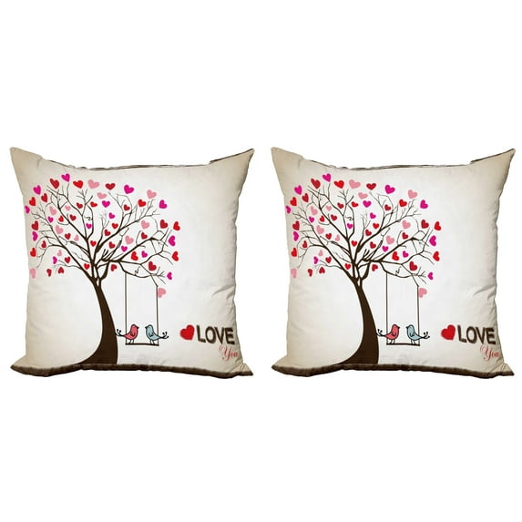 Ambesonne Love Throw Pillow Cover 2 Pack, Heart Tree Birds on Swing, 24", Multicolor