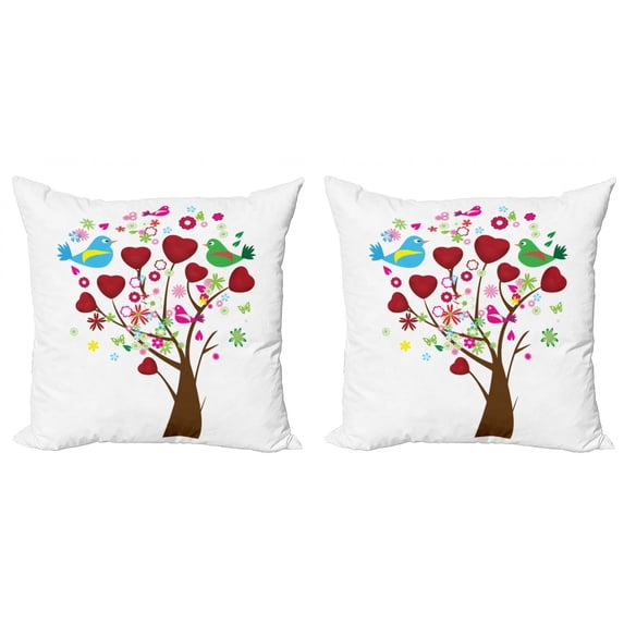 Love Throw Pillow Cushion Cover Pack of 2, Hearts and Love Birds on Tree Blossoming Cartoon Pattern on Plain Backdrop, Zippered Double-Side Digital Print, 4 Sizes, White and Multicolor, by Ambesonne
