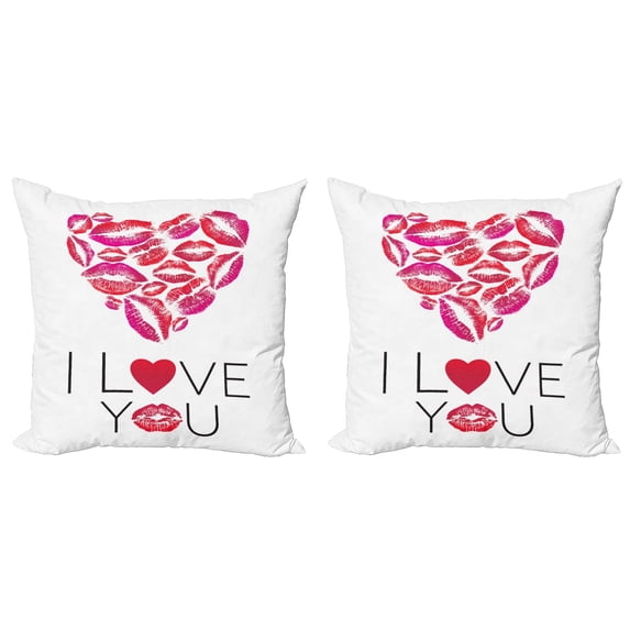 Ambesonne Love Throw Pillow Cover 2 Pack, Kisses Lipsticks Lettering, 16", White Magenta