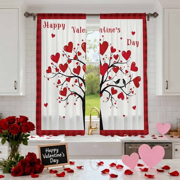 Love Tree Valentine's Day Red Plaid Chiffon Sheer Curtains 63 Inches Long, Bird Couple Idyllic Branch 2 Rod Pocket Window Treatment Voile Drapes Curtains for Living Room Bedroom,2 Panels, 52x63In
