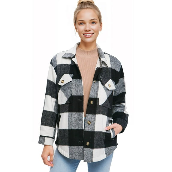 Love Tree Women's Cozy Soft Sherpa Coat Plaid Shacket (Black Check, Medium)