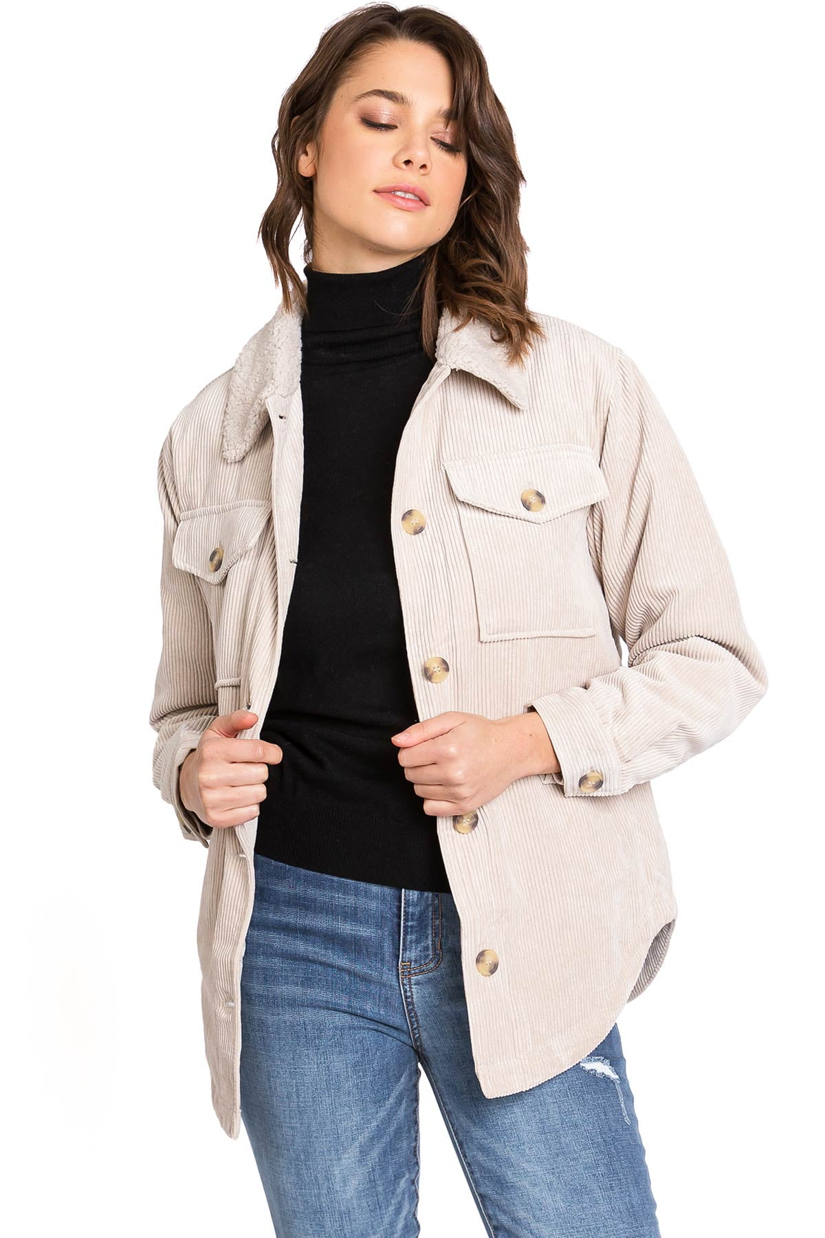 Love Tree Women's Cozy Soft Sherpa Corduroy Shirt Coat Shacket