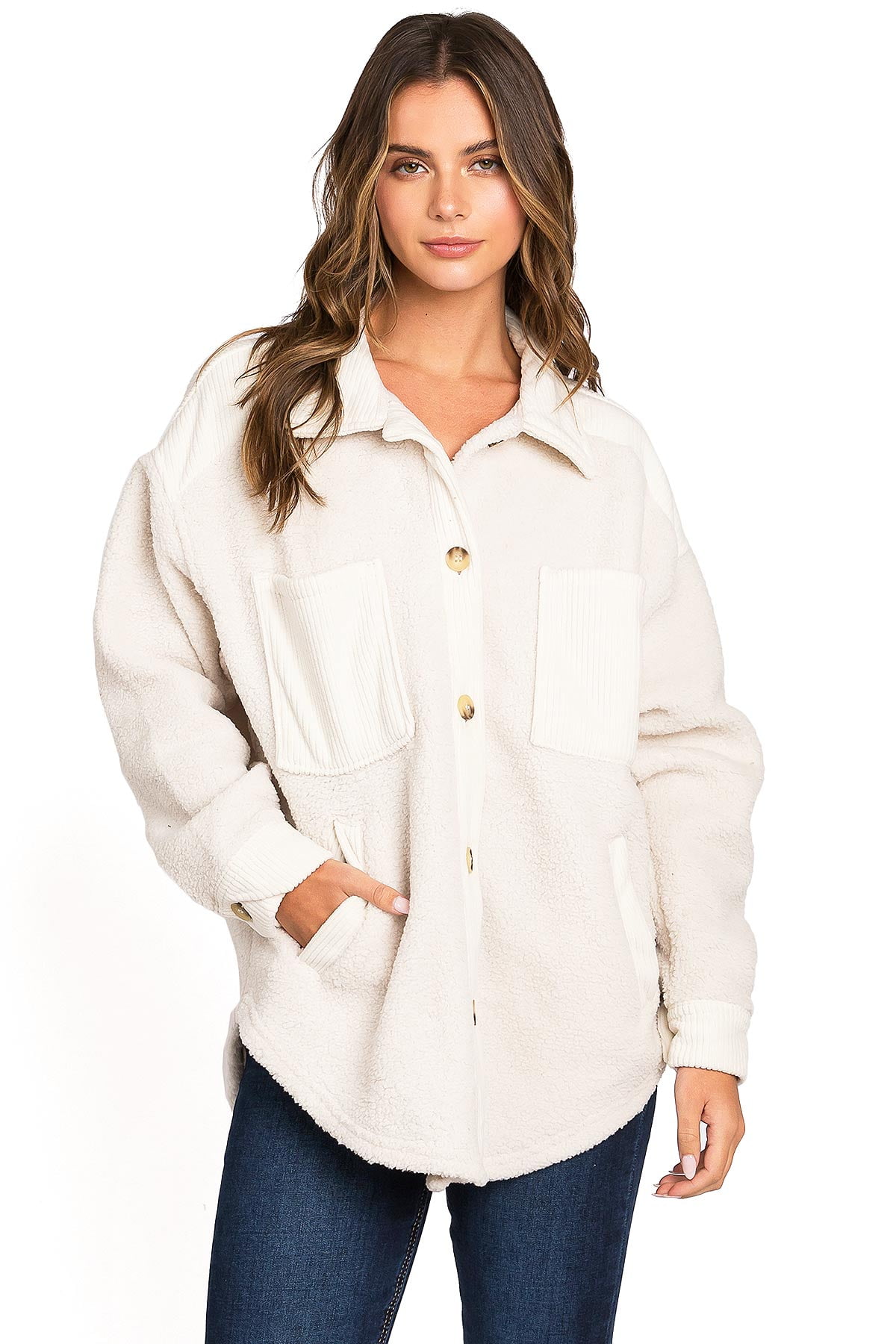 Love Tree Women s Cozy Soft Sherpa Teddy Coat Shacket Off White Large Walmart