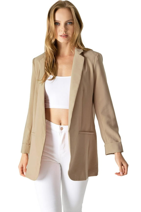 Women's Juniors Classic Office Workwear Boyfriend Blazer (XL, Taupe)