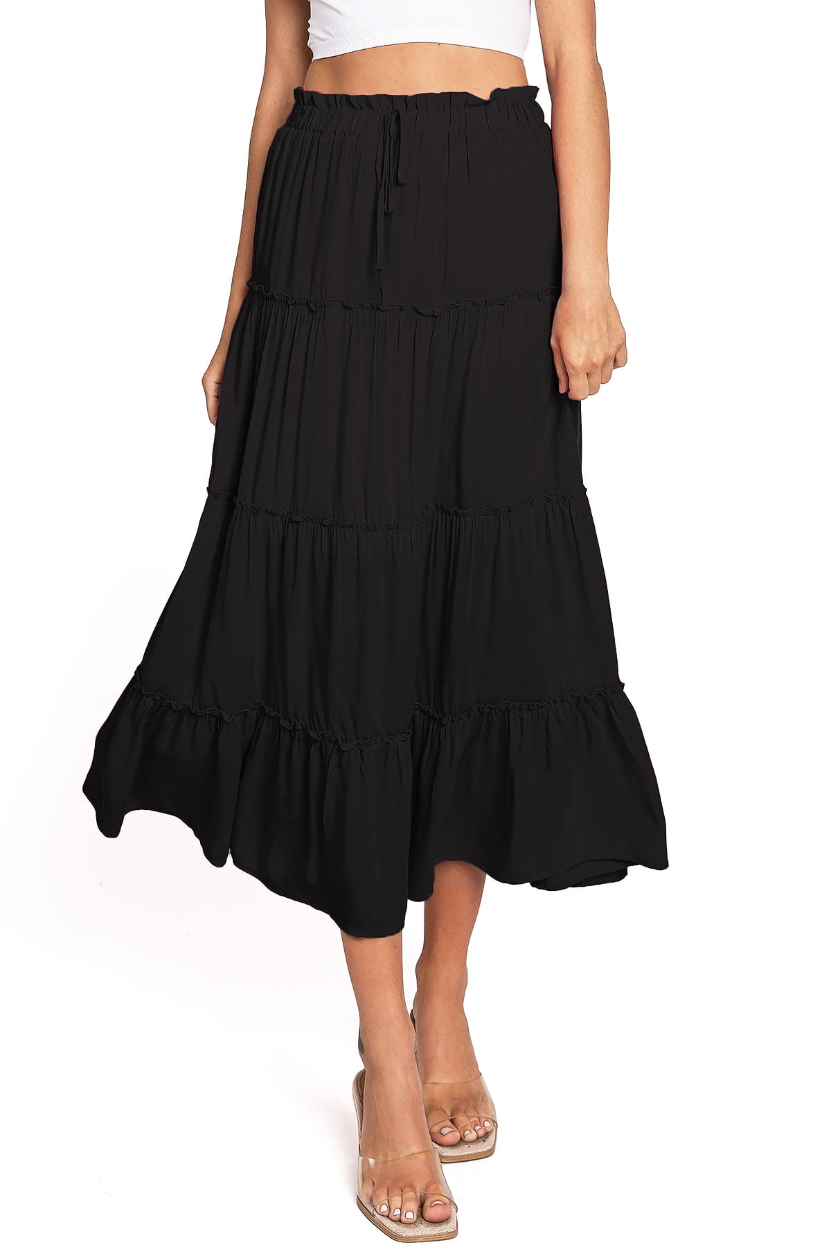 Love Tree Women's Juniors Classic Shirred Boho Midi Skirt (Black