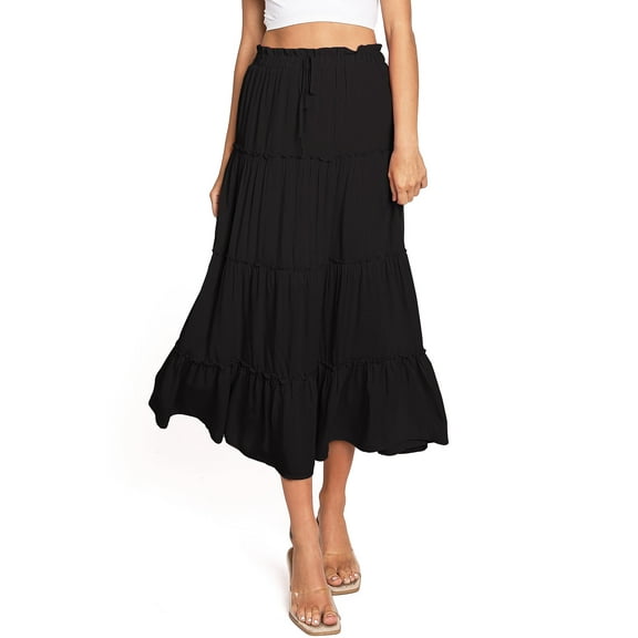 Love Tree Women's Juniors Classic Shirred Boho Midi Skirt (Black, Large)