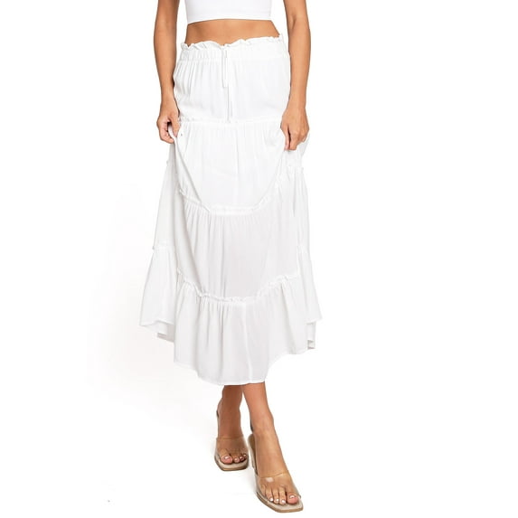 Love Tree Women's Juniors Classic Shirred Boho Midi Skirt (White, Small)