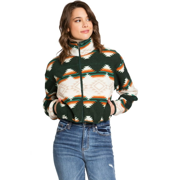 Love Tree Women's Juniors Cozy Soft Sherpa Printed Cropped Jacket (Hunter Green, Medium)