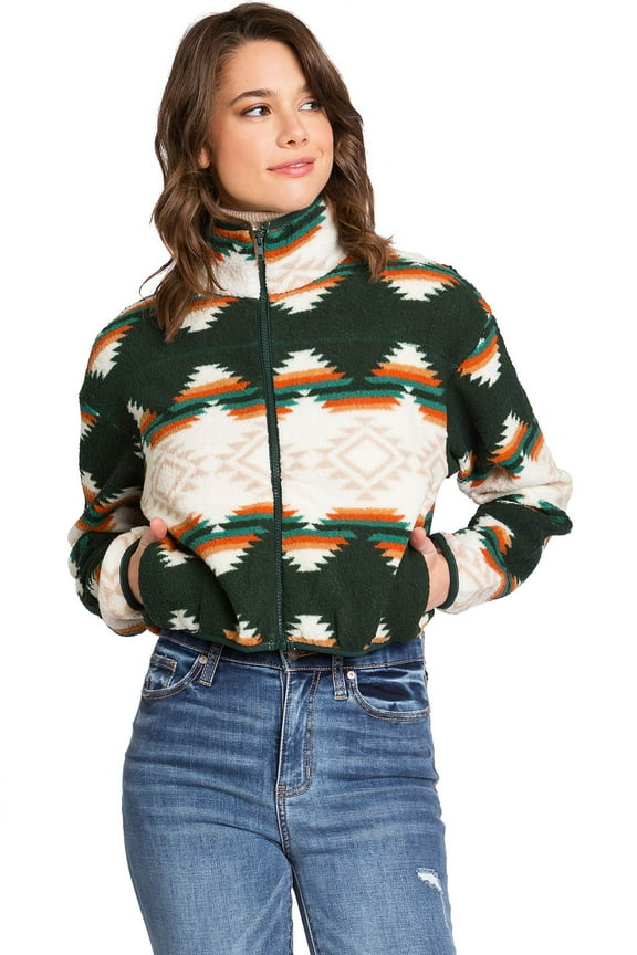 Women's Juniors Cozy Soft Sherpa Printed Cropped Jacket (Hunter Green, Small)