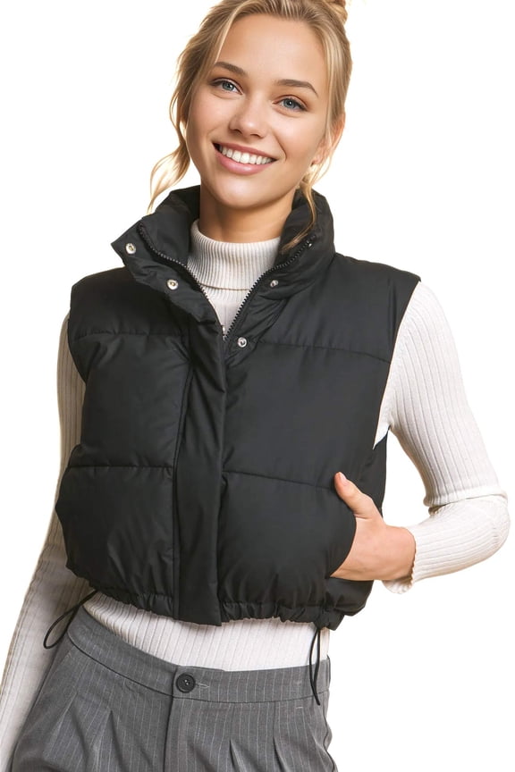 Women's Juniors Cropped Faux Leather Puffer Vest (Black, Medium)