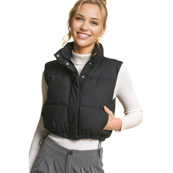 Love Tree Women's Juniors Cropped Faux Leather Puffer Vest  (Black, Small)