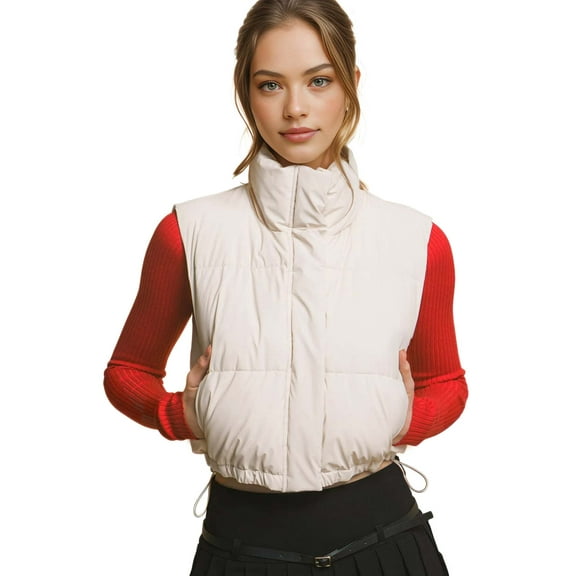 Love Tree Women's Juniors Cropped Faux Leather Puffer Vest  (Ivory, Small)