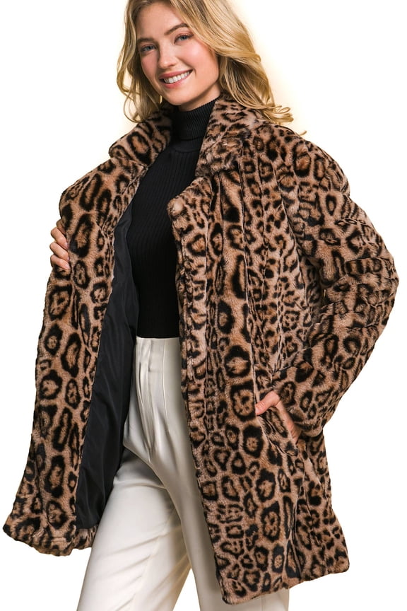 Women's Juniors Faux Fur Leopard Coat