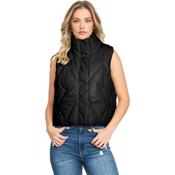 Love Tree Women's Juniors Faux Leather Quilted  Puffer Vest  (Black-75, Large)