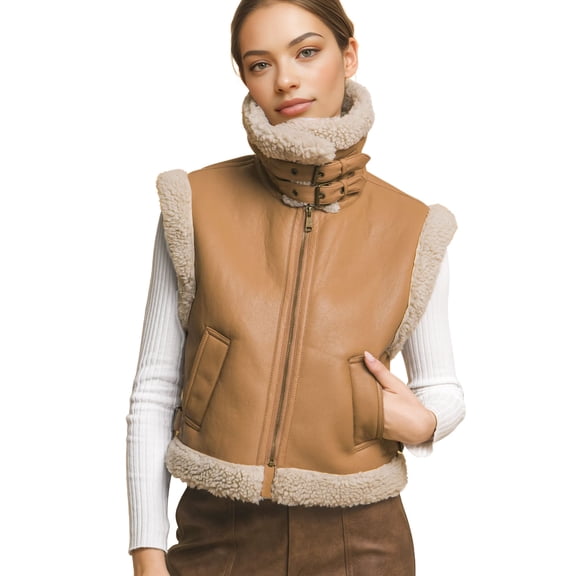 Love Tree Women's Juniors Faux Leather Shearling Vest (Camel, Medium)