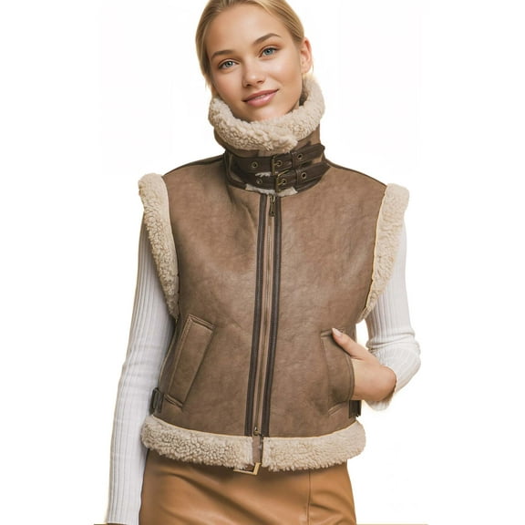 Love Tree Women's Juniors Faux Leather Shearling Vest (Truffle, Medium)